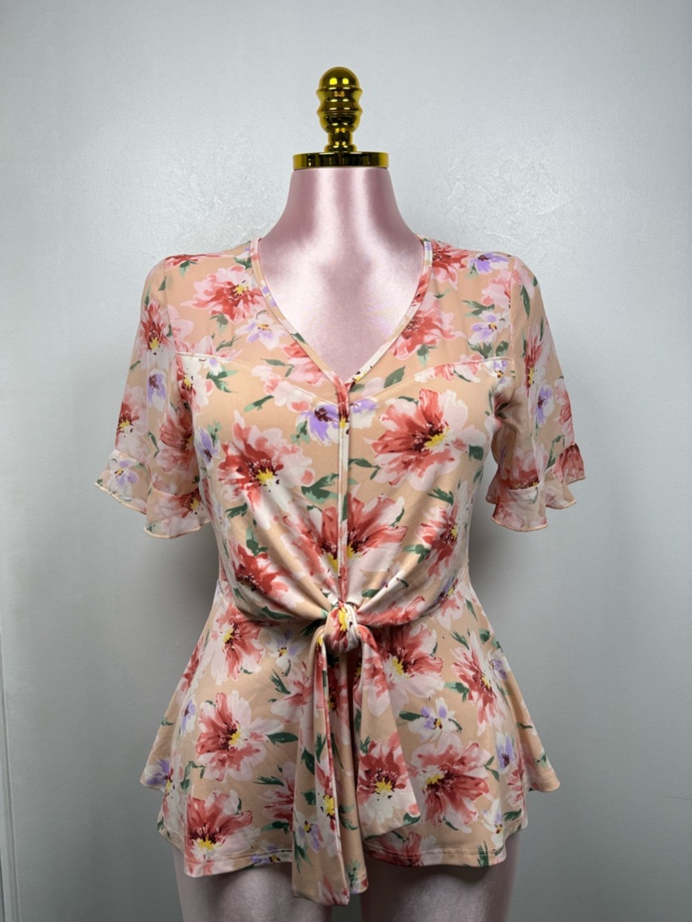 Ember Floral Tie Front Peplum Top Size M Short Sleeve Blouse Spring